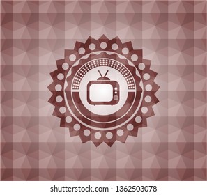 old tv, television icon inside red badge with geometric pattern background. Seamless.
