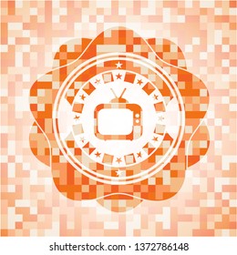 old tv, television icon inside orange tile background illustration. Square geometric mosaic seamless pattern with emblem inside.