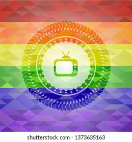 old tv, television icon inside emblem on mosaic background with the colors of the LGBT flag