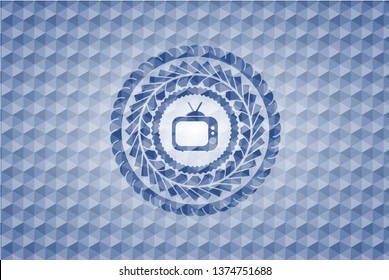old tv, television icon inside blue polygonal badge.