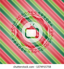 old tv, television icon inside christmas badge background.