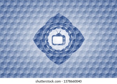 old tv, television icon inside blue emblem or badge with abstract geometric pattern background.