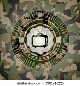 old tv, television icon inside camouflage emblem