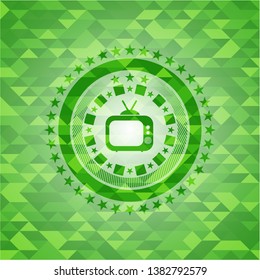 old tv, television icon inside realistic green mosaic emblem