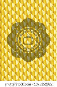 old tv, television icon inside gold emblem or badge. Scales pattern. Vector Illustration. Detailed.