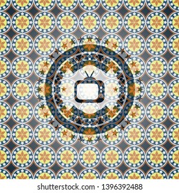 old tv, television icon inside arabic emblem background. Arabesque decoration.