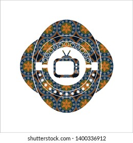 old tv, television icon inside arabesque emblem background. arabic decoration.