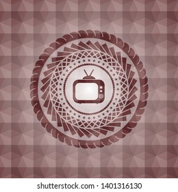 old tv, television icon inside red emblem with geometric pattern. Seamless.