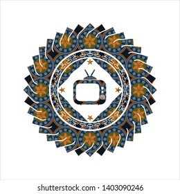 old tv, television icon inside arabic emblem background. Arabesque decoration.