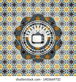 old tv, television icon inside arabesque style badge. arabic decoration.