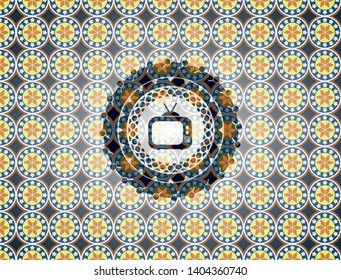 old tv, television icon inside arabic style emblem. Arabesque decoration.