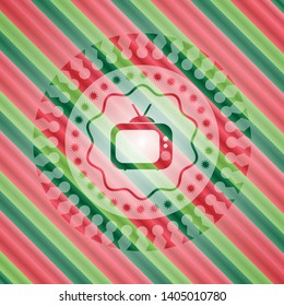 old tv, television icon inside christmas style emblem.