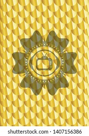 old tv, television icon inside shiny golden badge. Scales pattern. Vector Illustration. Detailed.