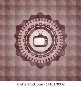 old tv, television icon inside red geometric emblem. Seamless.