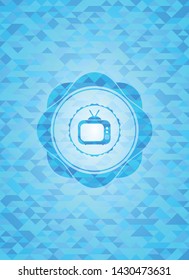 old tv, television icon inside realistic light blue emblem. Mosaic background