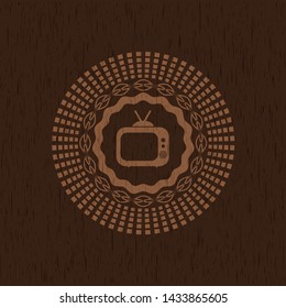 old tv, television icon inside vintage wooden emblem
