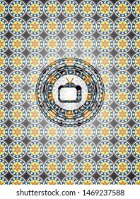 old tv, television icon inside arabic style badge. Arabesque decoration.