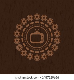 old tv, television icon inside retro style wood emblem
