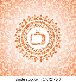 old tv, television icon inside orange mosaic emblem with background