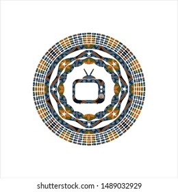 old tv, television icon inside arabic style emblem. Arabesque decoration.
