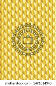 old tv, television icon inside gold emblem or badge. Scales pattern. Vector Illustration. Detailed.