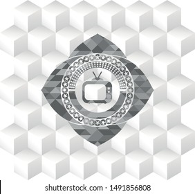 old tv, television icon inside grey badge with geometric cube white background