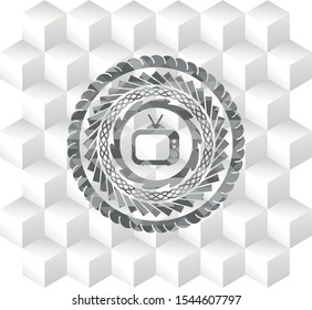 old tv, television icon inside grey icon or emblem with geometric cube white background