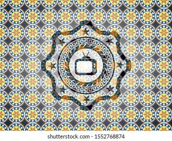 old tv, television icon inside arabic badge background. Arabesque decoration.