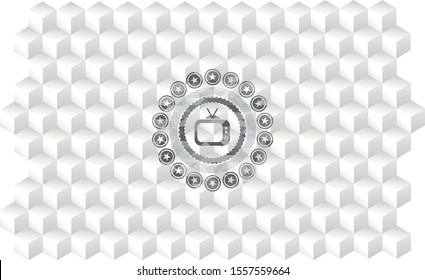 old tv, television icon inside realistic grey emblem with geometric cube white background