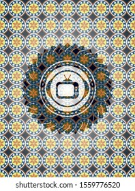 old tv, television icon inside arabic emblem background. Arabesque decoration.