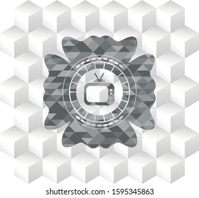 old tv, television icon inside grey badge with geometric cube white background
