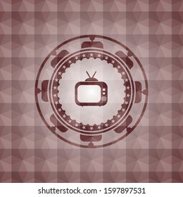 old tv, television icon inside red seamless geometric pattern emblem. Seamless.