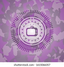 old tv, television icon inside pink and purple camo texture