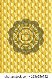 old tv, television icon inside gold shiny badge. Scales pattern. Vector Illustration. Detailed.