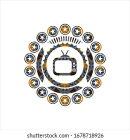 old tv, television icon inside arabic emblem. Arabesque decoration.