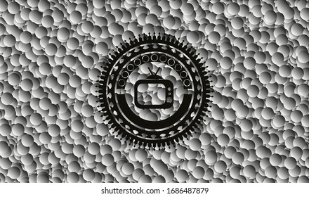 old tv, television icon inside dark emblem with grey bubbles background. Retro. Vector Illustration. Detailed.