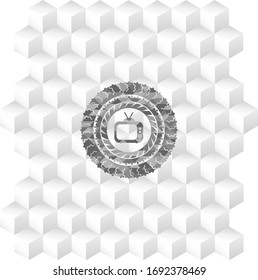 old tv, television icon inside grey emblem. Vintage with geometric cube white background