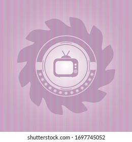 old tv, television icon inside pink emblem. Vintage.