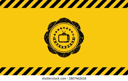 old tv, television icon inside warning sign, black grunge emblem. Vector Illustration. Detailed. 