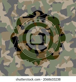 old tv, television icon inside camouflaged emblem. 
