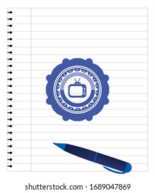 old tv, television icon with pen strokes. Blue ink. Vector Illustration. Detailed.
