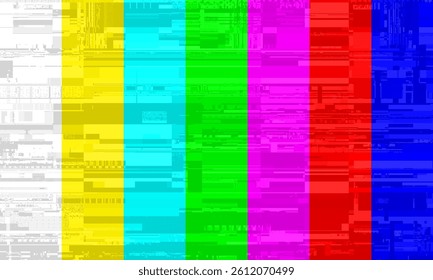 Old TV test pattern colorful stripes damaged by glitches, banding and grain noise effects