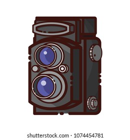 Old twin lens reflex camera. Line style retro photography device. Vector illustration of vintage camera icon.