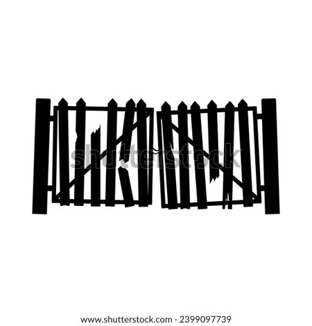 Old twisted broken gate icon. Black silhouette. Horizontal front side view. Vector simple flat graphic illustration. Isolated object on a white background. Isolate.