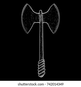 Old two bladed axe. Hand drawn sketch on black background. Vector illustration