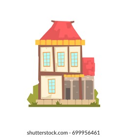 Old two storey house with red roof, retro architecture building vector Illustration