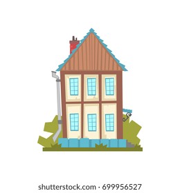 Old two storey house, retro architecture building vector Illustration