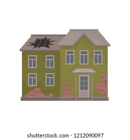 Old two-storey house with peeling paint and big hole in roof. Abandoned building. Flat vector illustration