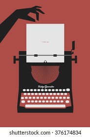 Old typewriter and hand. Vector illustration on a red background. Retro style