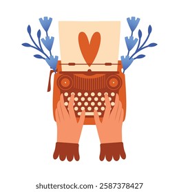 Old typewriter with hands among spring plants and flowers. Vector illustration with vintage equipment, retro device. Flat naive style. Cute naive clip art for card, postcard, banner. Love letter.